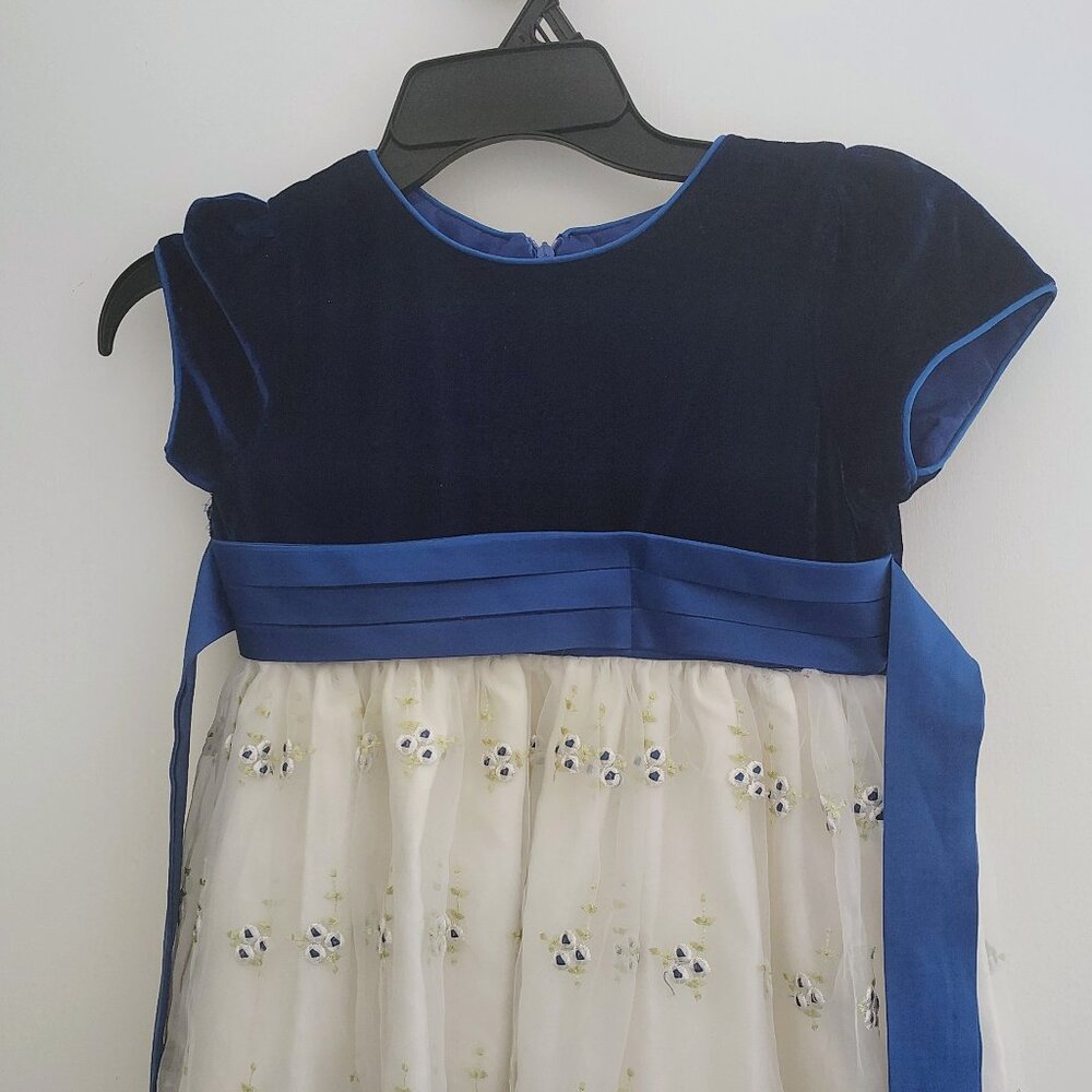 Navy blue velvet and lace overlay embroidered dress with silky sash